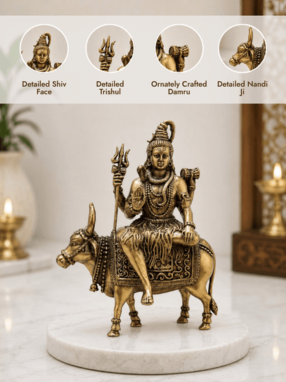 Pure Brass Lord Shiva on Nandi Idol for Home Temple, Office & Spiritual Decor