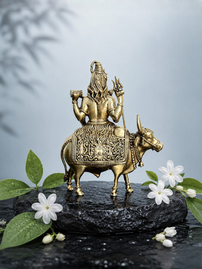 Pure Brass Lord Shiva on Nandi Idol for Home Temple, Office & Spiritual Decor