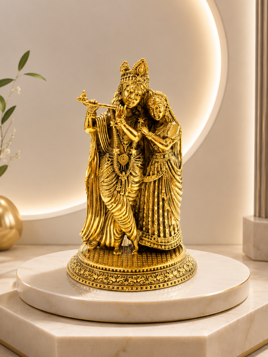Pure Brass Radha Krishna Idol for Home Temple, Living Room & Office Decor