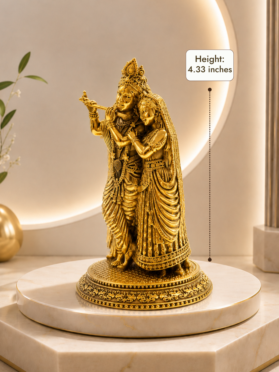 Pure Brass Radha Krishna Idol for Home Temple, Living Room & Office Decor
