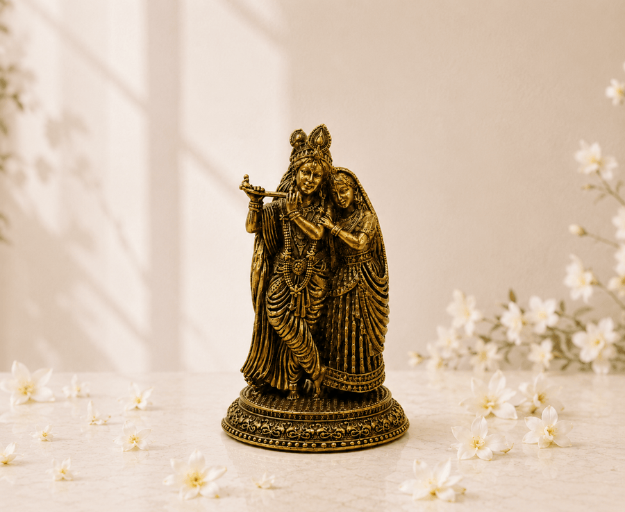 Radha Krishna Antique Gold Finish Idol – A Symbol of Love, Devotion & Spiritual Grace
