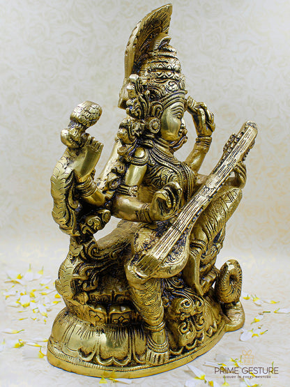 Brass Goddess Saraswati Statue Seated on Pedestal