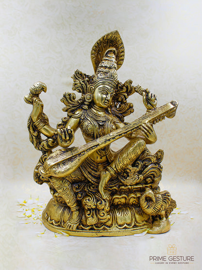 Brass Goddess Saraswati Statue Seated on Pedestal