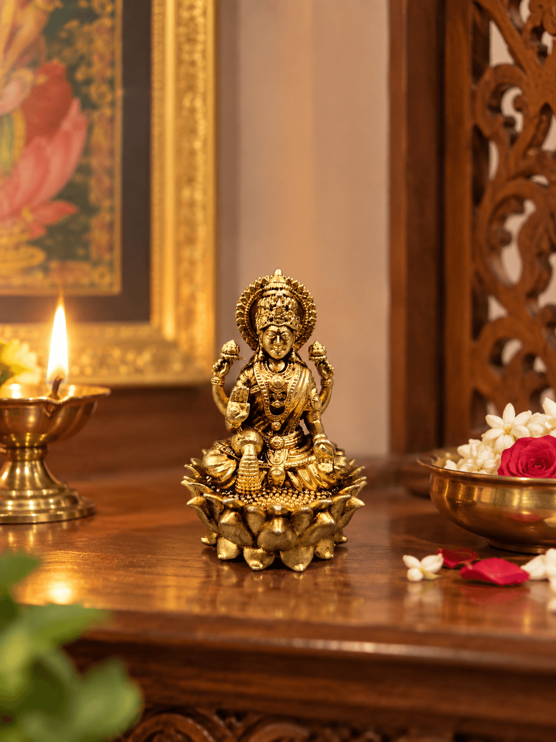 Small Brass Lakshmi Idol on Lotus — Laxmi Ji Idol for Home, Desk & Gifting