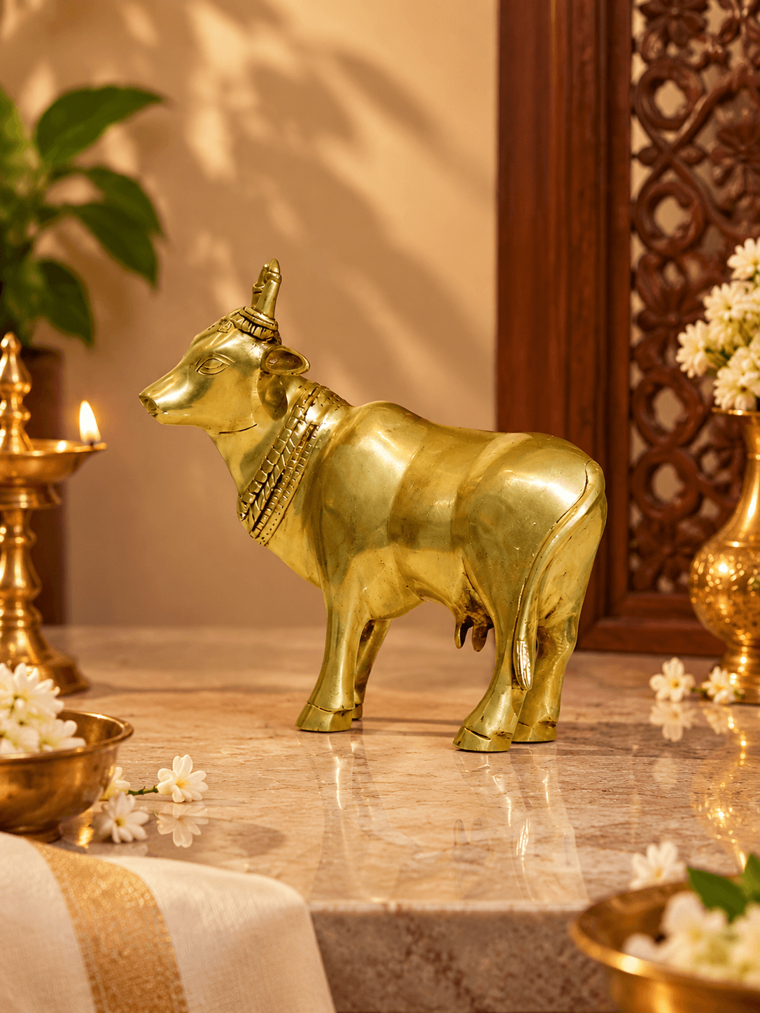 Standing Brass Cow Statue — Gau Mata Figurine for Home Decor & Pooja Room
