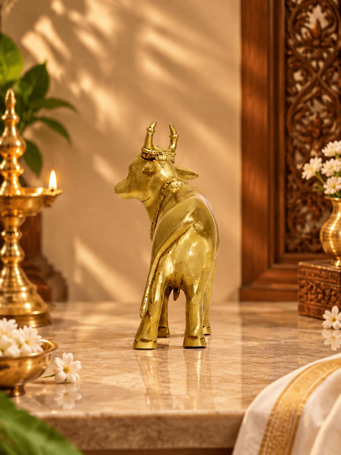 Standing Brass Cow Statue — Gau Mata Figurine for Home Decor & Pooja Room