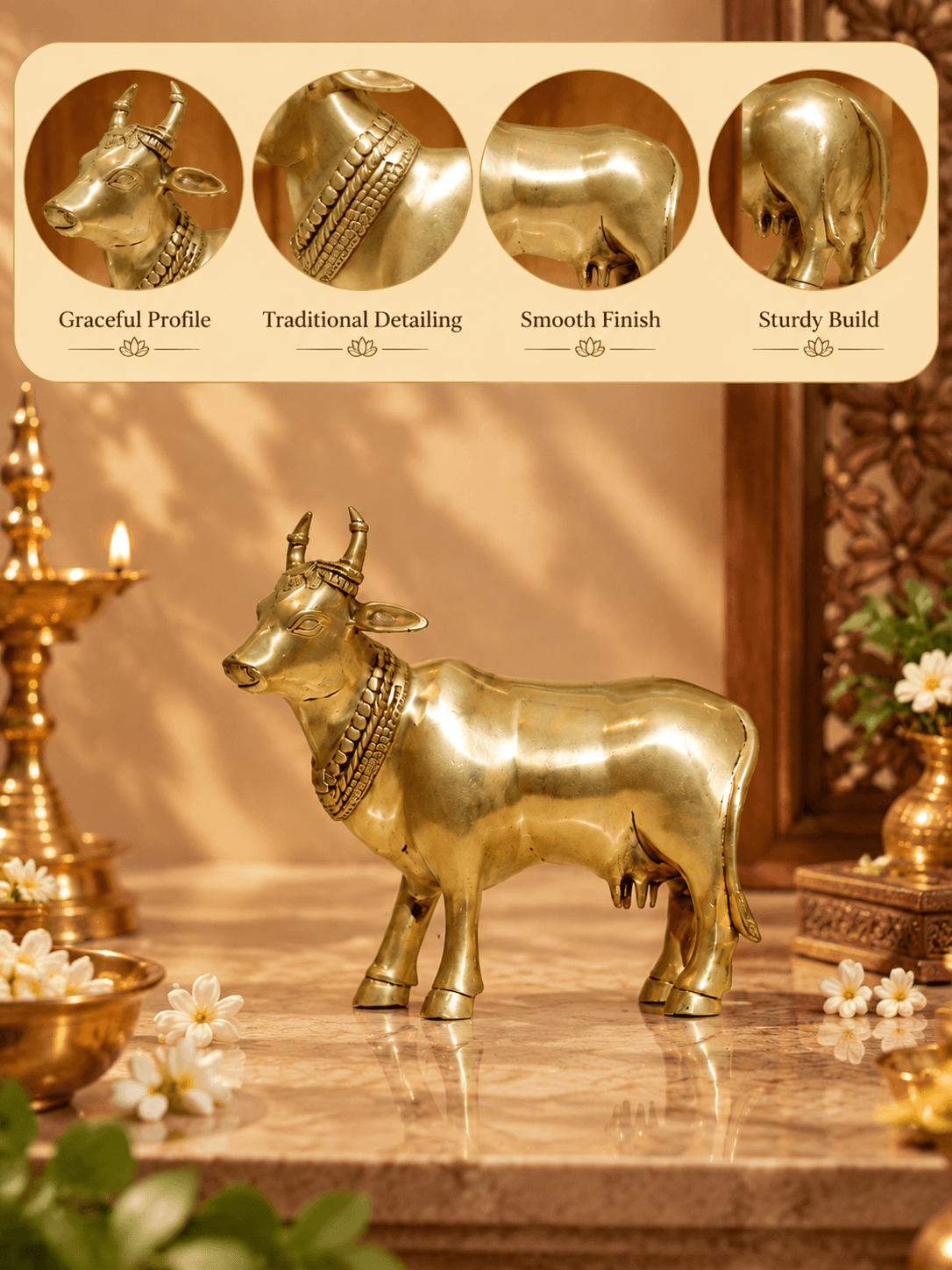 Standing Brass Cow Statue — Gau Mata Figurine for Home Decor & Pooja Room