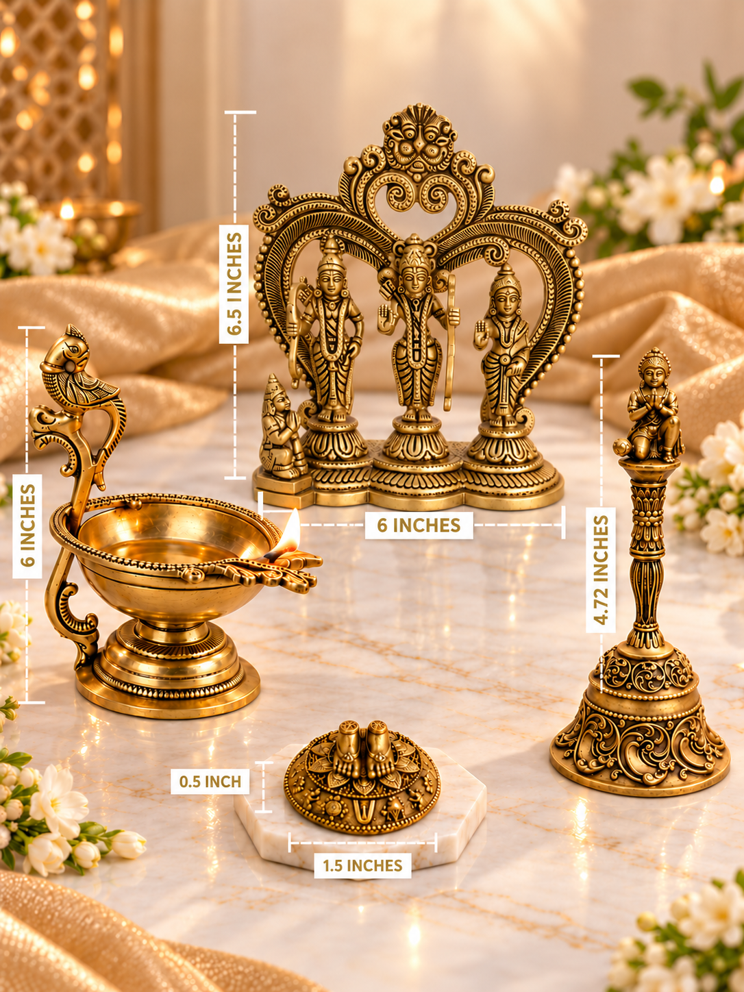 Brass Pooja Essentials Bundle – Ram Darbar, Peacock Diya, Hanuman Bell & Charan Paduka