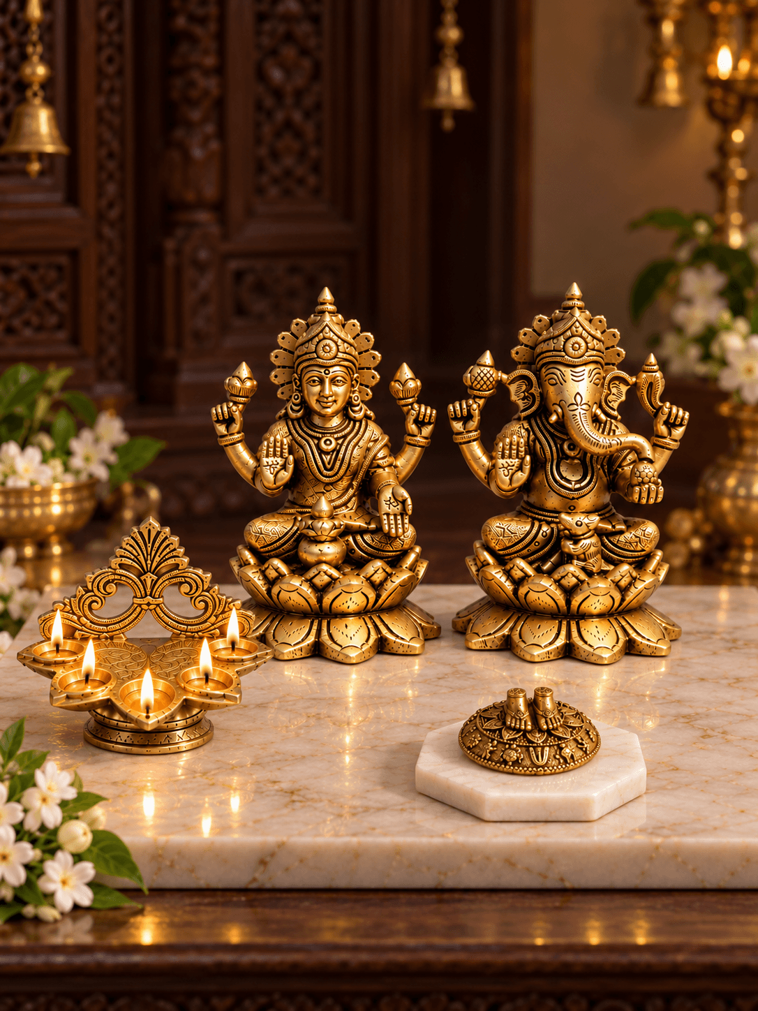 Brass Laxmi Ganesh Lotus Pooja Set — Idols, Panch Aarti Diya & Charan Paduka