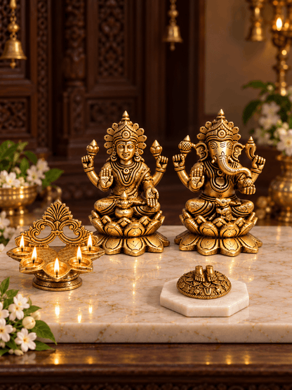 Brass Laxmi Ganesh Lotus Pooja Set — Idols, Panch Aarti Diya & Charan Paduka