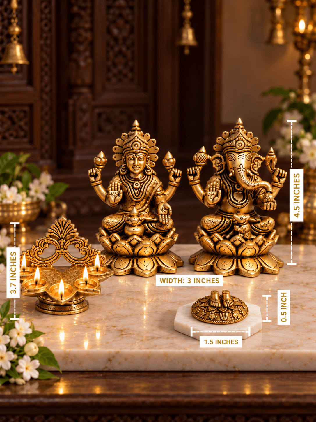 Brass Laxmi Ganesh Lotus Pooja Set — Idols, Panch Aarti Diya & Charan Paduka
