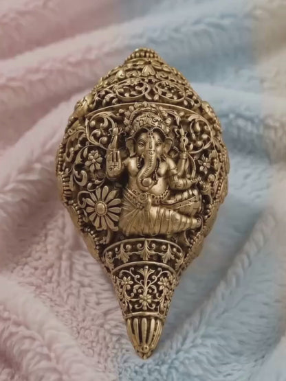 Ganesha Decorative Shankh Antique Gold Finish for Pooja and Gifting
