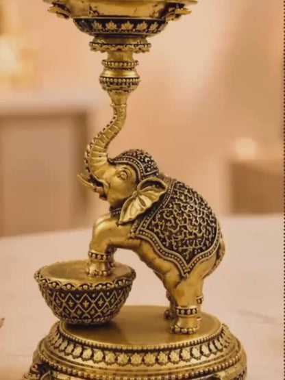 Elephant Diya Urli Stand Antique Gold Finish for Pooja and Decor