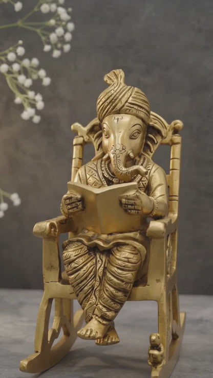 Brass Vidya Vinayak Ganesha Idol | Sitting on Swing Chair & Reading Ramayana for Wisdom, Education, Prosperity & Peaceful Vastu Energy