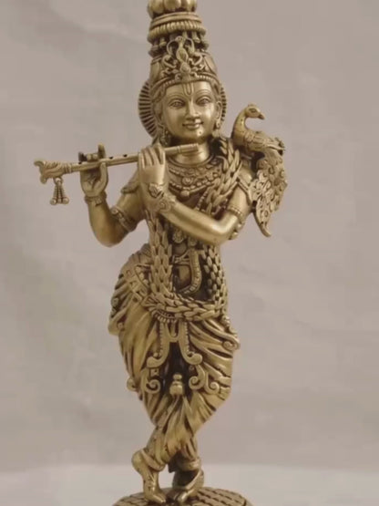 Krishna Flute Antique Gold Finish Idol with Peacock for Home Decor