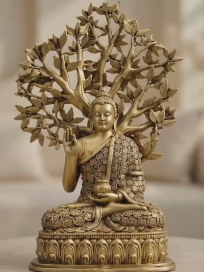 Buddha Under Bodhi Tree Antique Gold Finish Statue for Peaceful Home Decor
