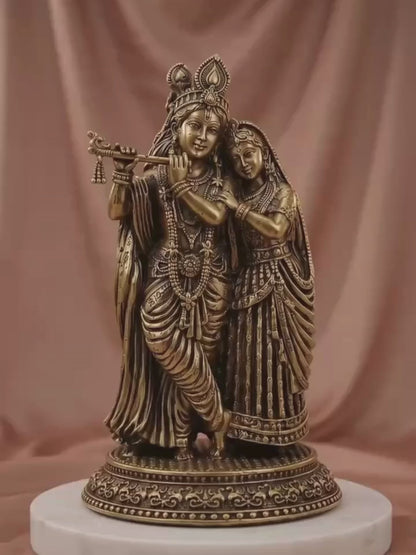 Pure Brass Radha Krishna Antique Gold Finish Idol for Home Temple and Decor