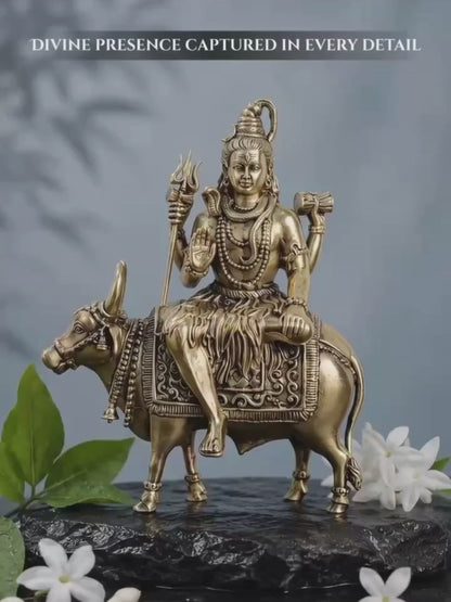 Pure Brass Lord Shiva on Nandi Idol for Home Temple, Office & Spiritual Decor